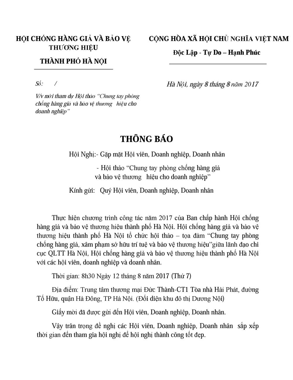 Thong báo tham gia Hội thảo “Chung tay phòng chống hàng giả và bảo vệ thương   hiệu cho doanh nghiệp”