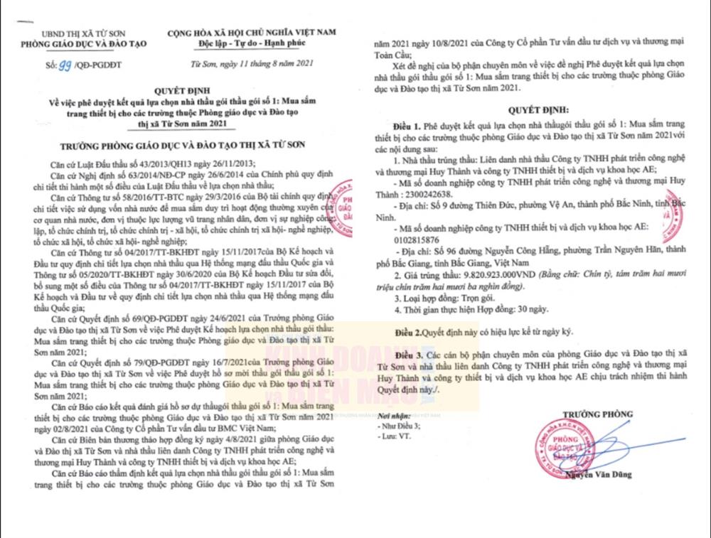 Phòng GD&ĐT thị xã Từ Sơn: Ưu ái nhà thầu quen, nghi vấn đội giá thiết bị