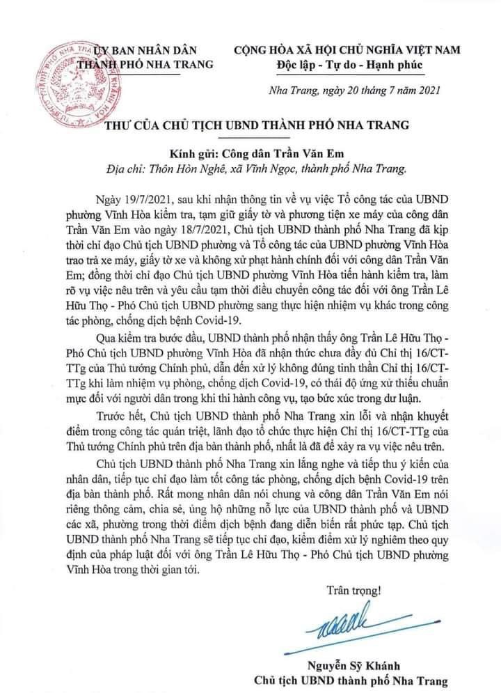 Chủ tịch UBND TP Nha Trang xin lỗi vụ công nhân bị phạt khi đi mua bánh mì